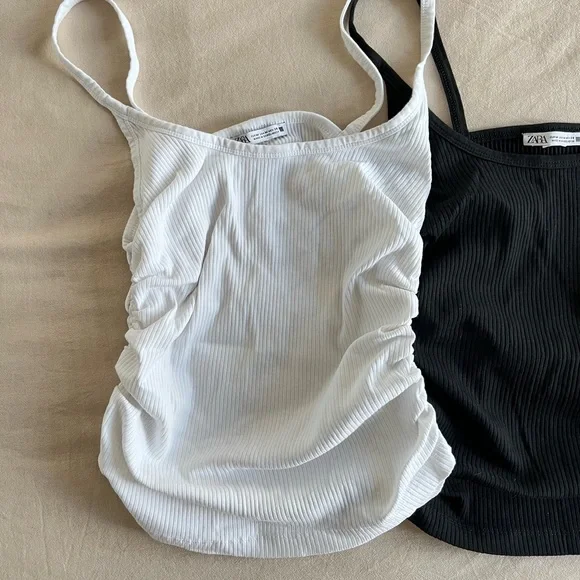 Zara Ruched Ribbed Tank Tops—black & white, size medium - Picture 3 of 4
